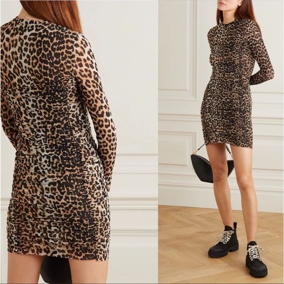 Ganni Dresses & Skirts - GANNI Leopard Ruched Mesh Dress 36